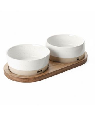 ARONKL Ceramic Dog Bowls Set with Wood Tray Food Water Non-Slip Stable Farmhouse Style