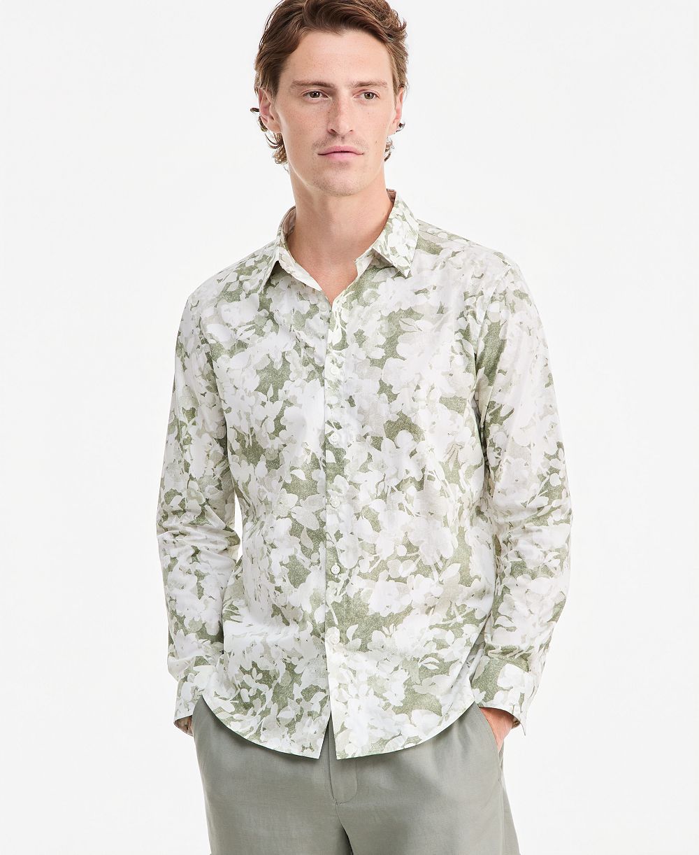 Alfani Men's Layered Botanical Poplin Long-Sleeve Shirt, Macy's Exclusive
