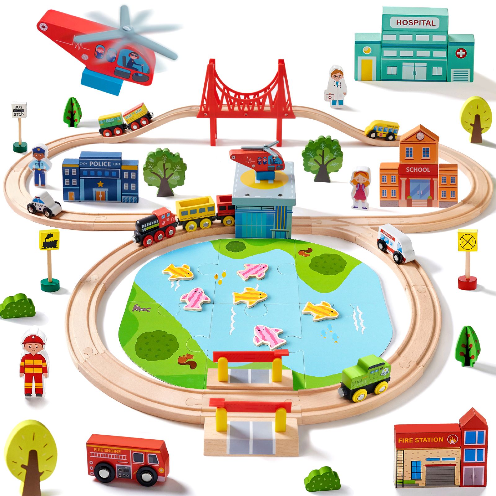 Деревянный набор поездов Tiny Land 110 Pcs