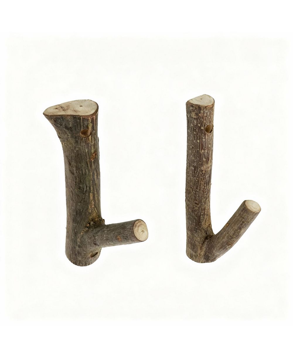 YIGII 2-Piece Real Wood Branch Wall Hooks with Bark,Rustic Decor