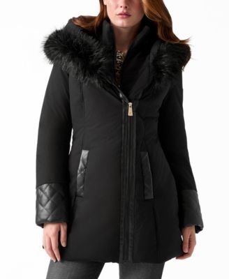 GUESS Women's Pleather-Sleeve Detailed Faux-Fur Hooded Puffer Coat