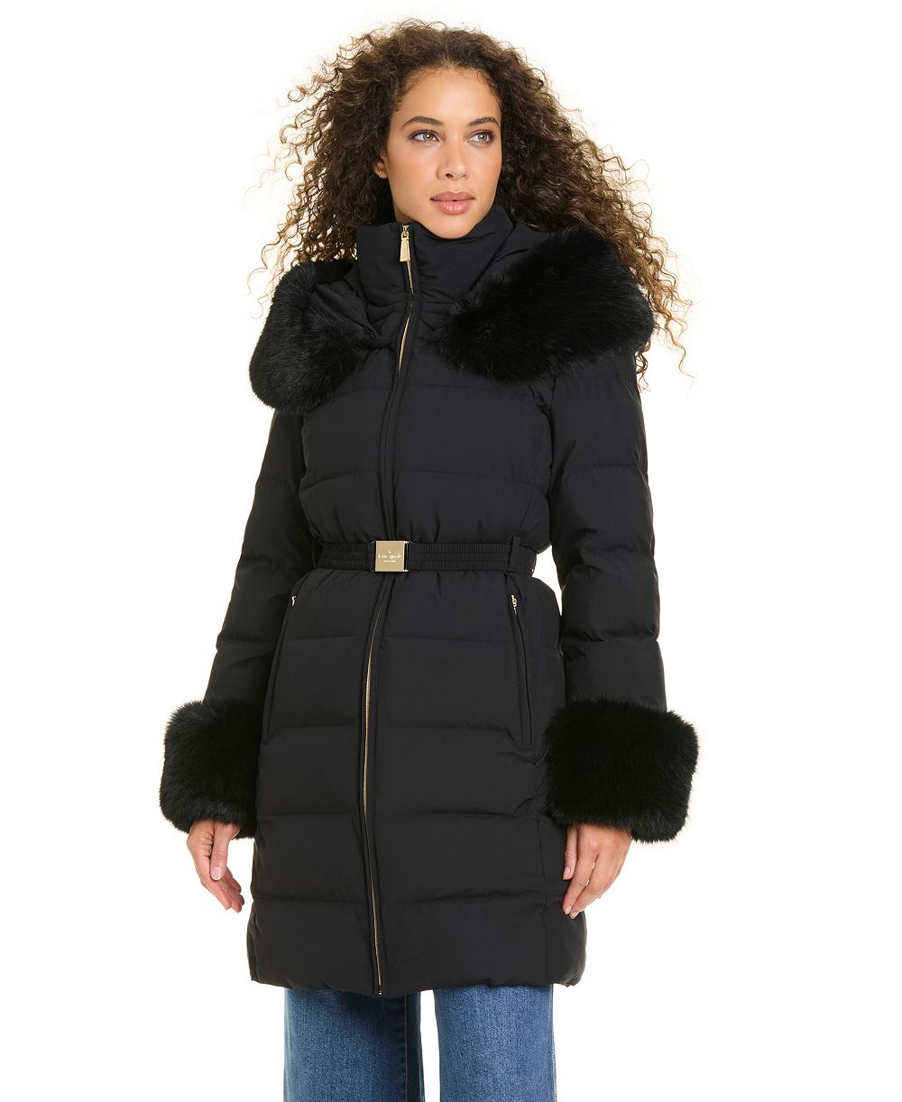 Женское утепленное пальто kate spade new york Faux-Fur Arm Cuff Hooded Puffer