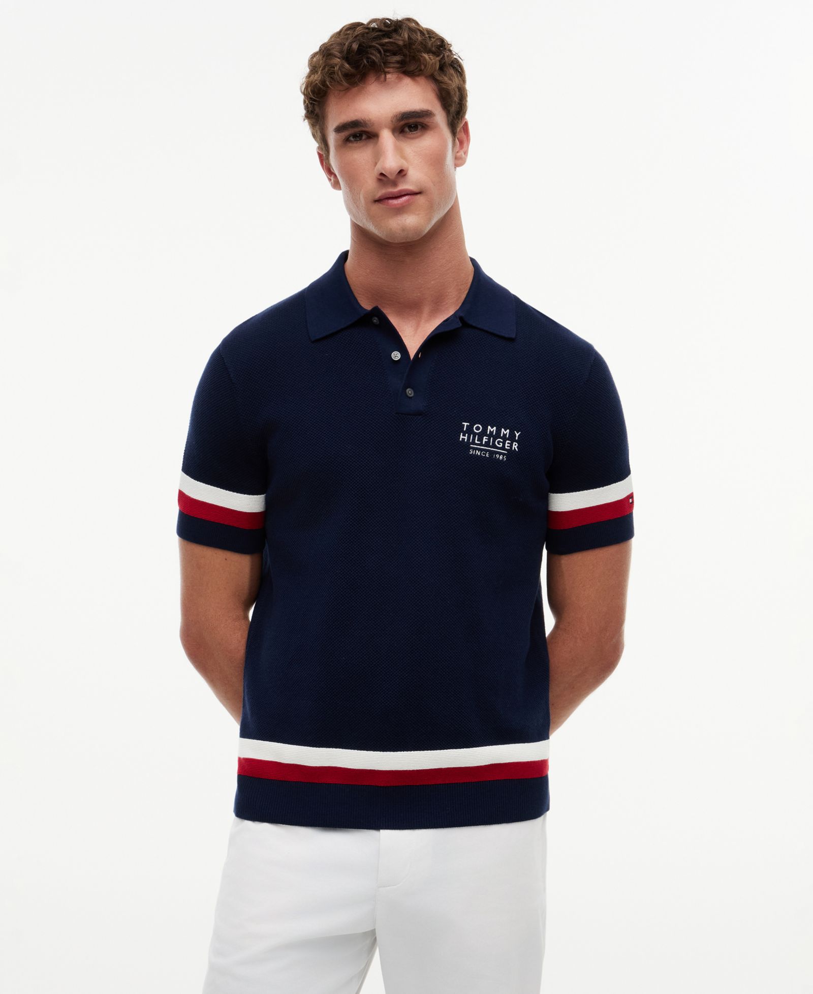 Tommy Hilfiger Men's Textured Red, White and Blue Short-Sleeve Sweater Polo