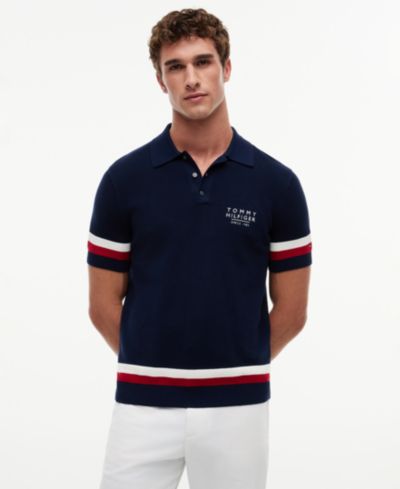 Tommy Hilfiger Men's Textured Red, White and Blue Short-Sleeve Sweater Polo