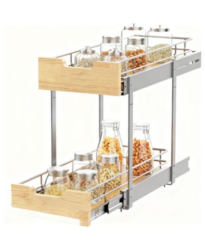 YIGII Solid Wood Wire Pull-Out Cabinet Organizer for Kitchen, Easy Install