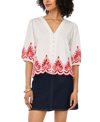 Женская рубашка Vince Camuto Cotton Embroidery Hem V-Neck 3/4-Sleeve Button-Up