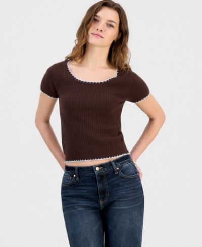 Ultra Flirt Juniors' Waffle-Knit Short-Sleeve Sweater
