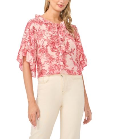 Vince Camuto Women's Printed Crewneck Ruffle Front Top