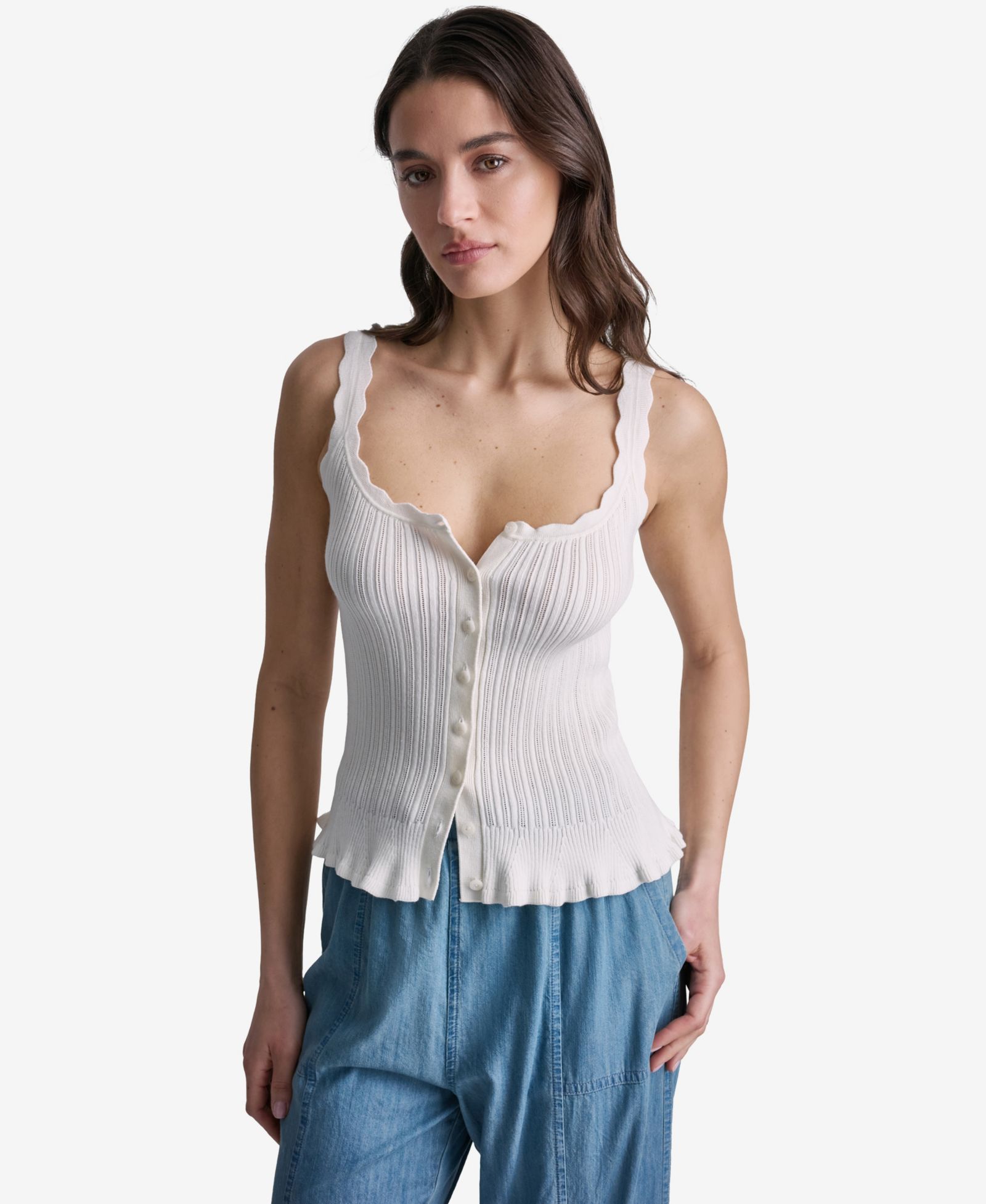 BCBG Women's Ribbed Button-Front Scoop Neck Tank Top