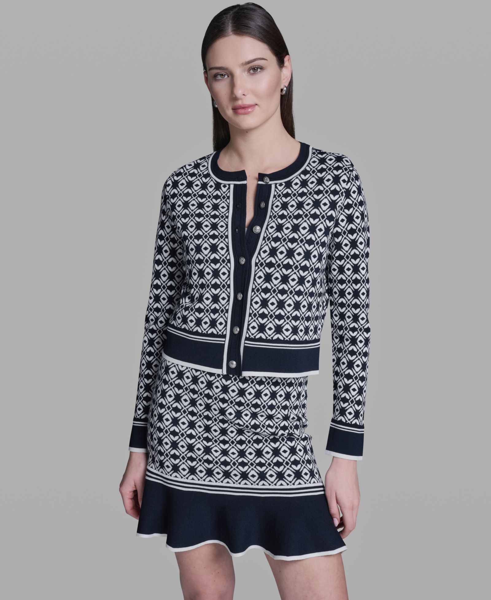 BCBG Women's Printed Crewneck Sweater Jacket