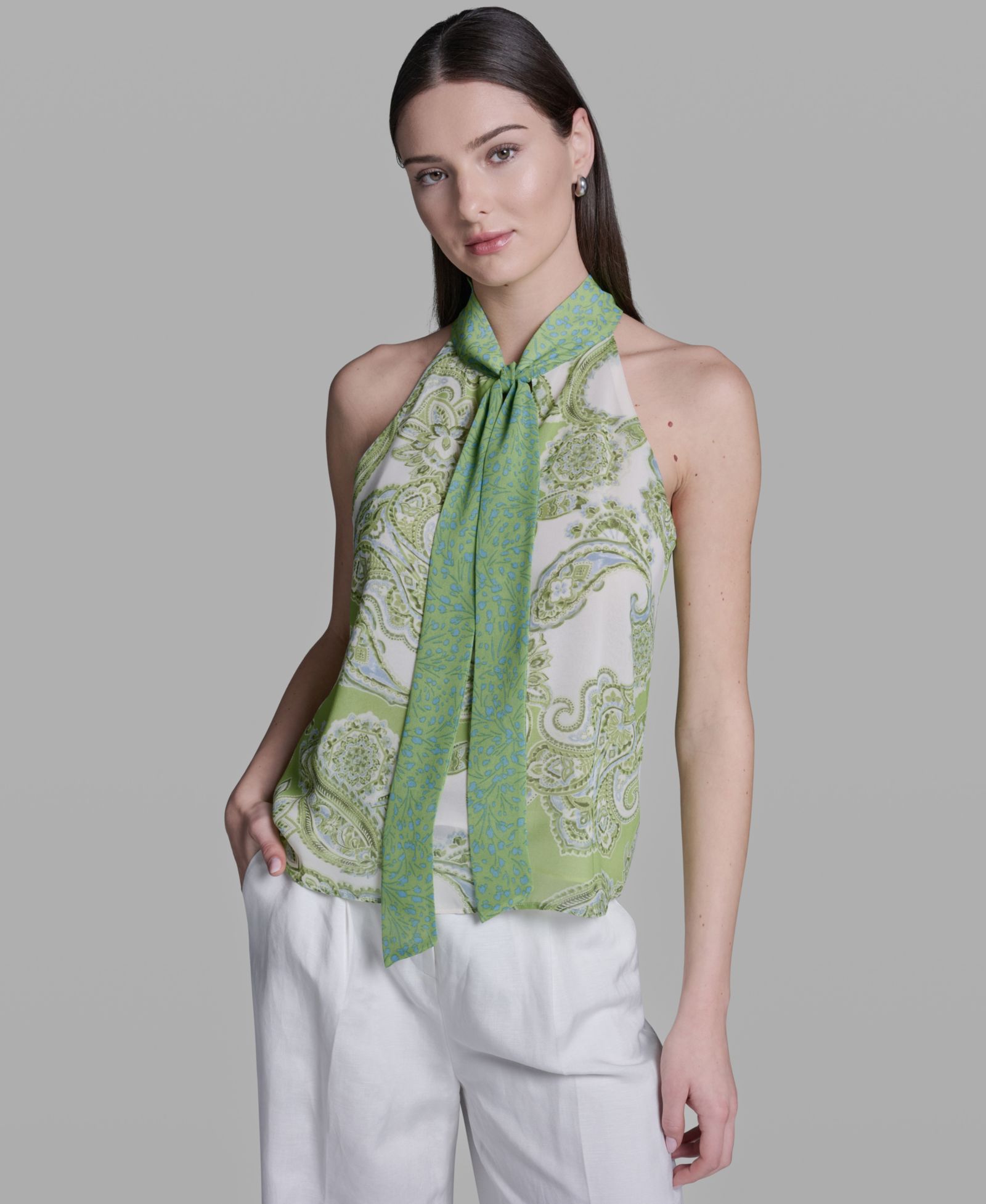 BCBG Women's Sleeveless Tie-Neck Blouse