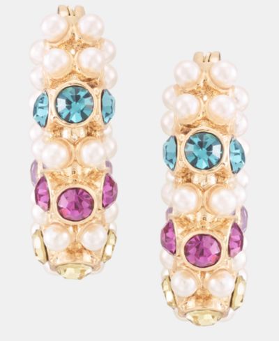 KARL LAGERFELD PARIS Small Multicolor Crystal & Imitation Pearl Hoop Earrings, 0.65"