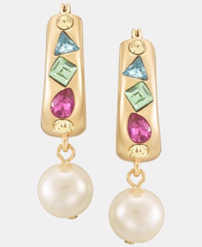 KARL LAGERFELD PARIS Imitation Pearl Charm Mixed Crystal Hoop Earrings
