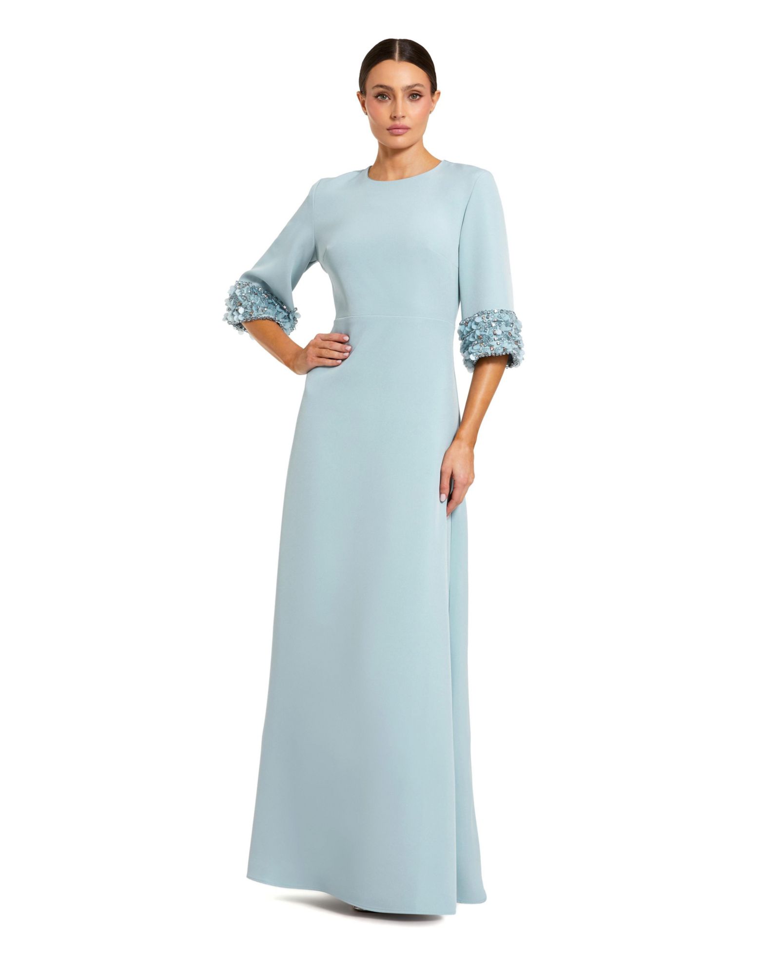 Mac Duggal Women's A-Line Crepe Gown with Embellished Three-Quarter Sleeves
