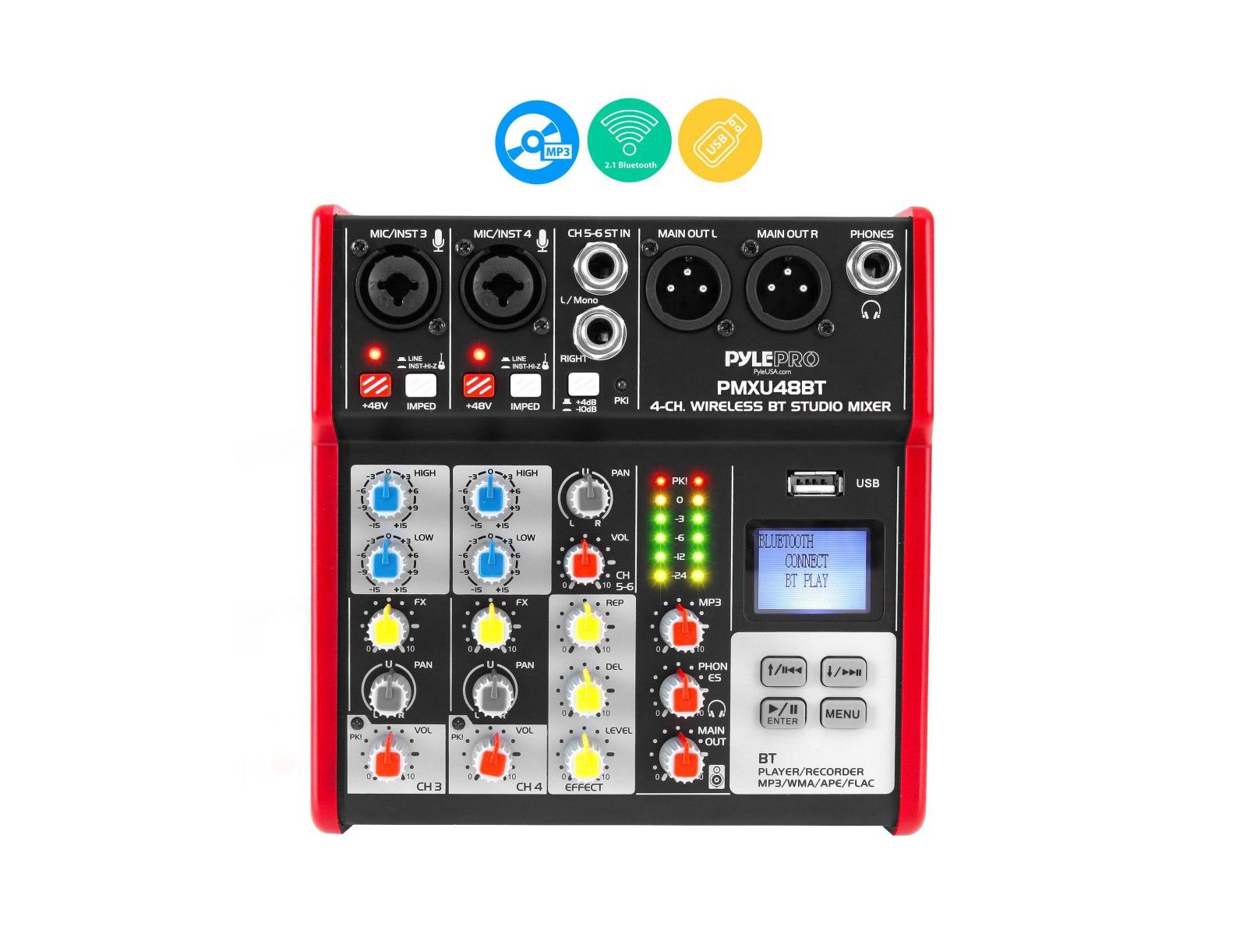 DJ-микшер Pyle 4-Ch. Bluetooth Studio с USB-интерфейсом и LCD-дисплеем (PMXU48BT)
