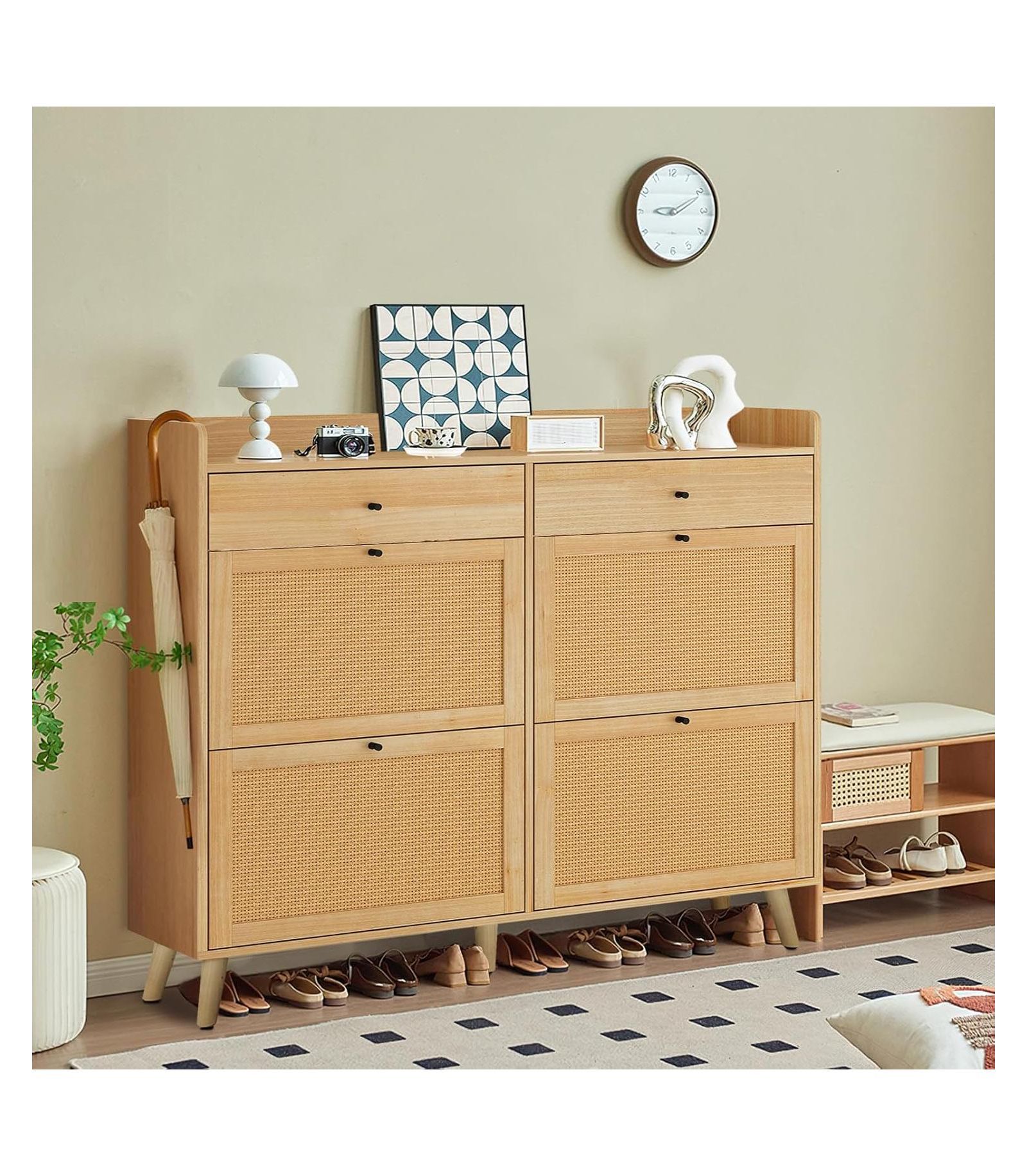 gaomon Large Rattan Shoe Cabinet with 4 Flip Drawers, Freestanding Shoe Storage Organizer