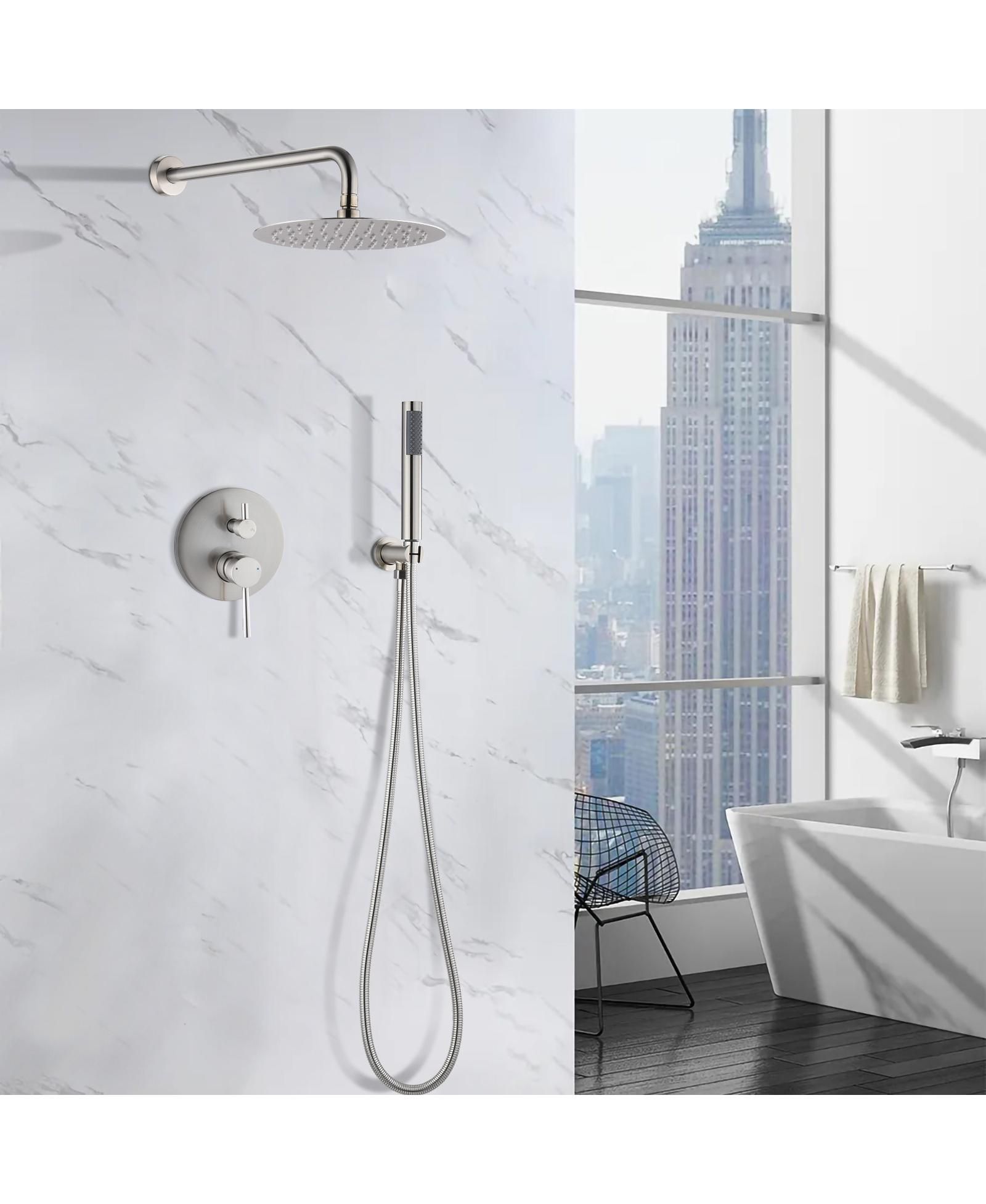 BUSDAYS Wall Mounted Round Shower Combo Set with 10" Rain Shower head and Handheld Shower Head Set with Pressure Balancing Valve