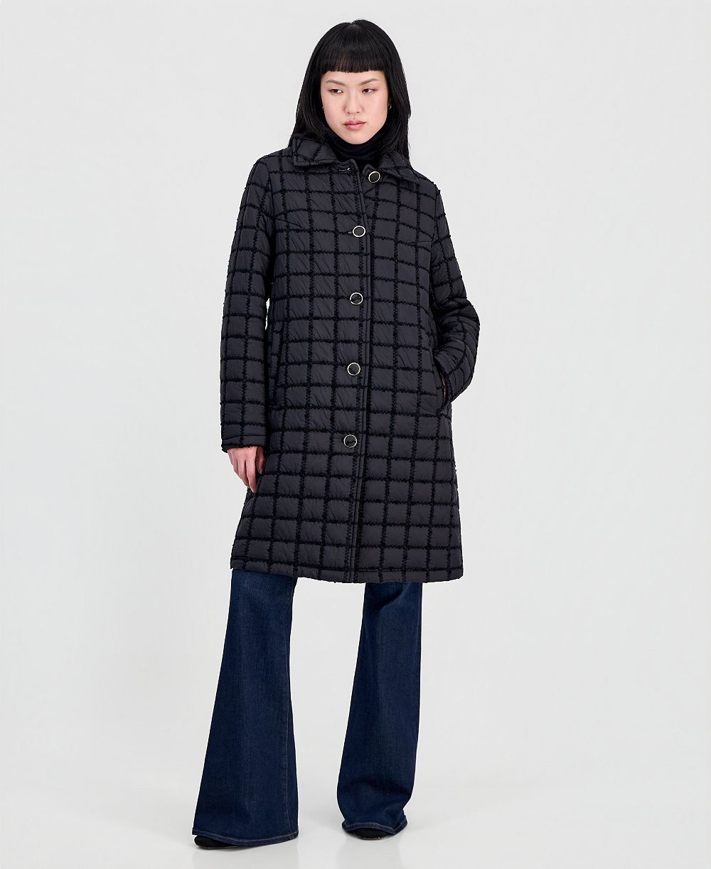 CeCe Women's Long Windowpane Quilted Coat