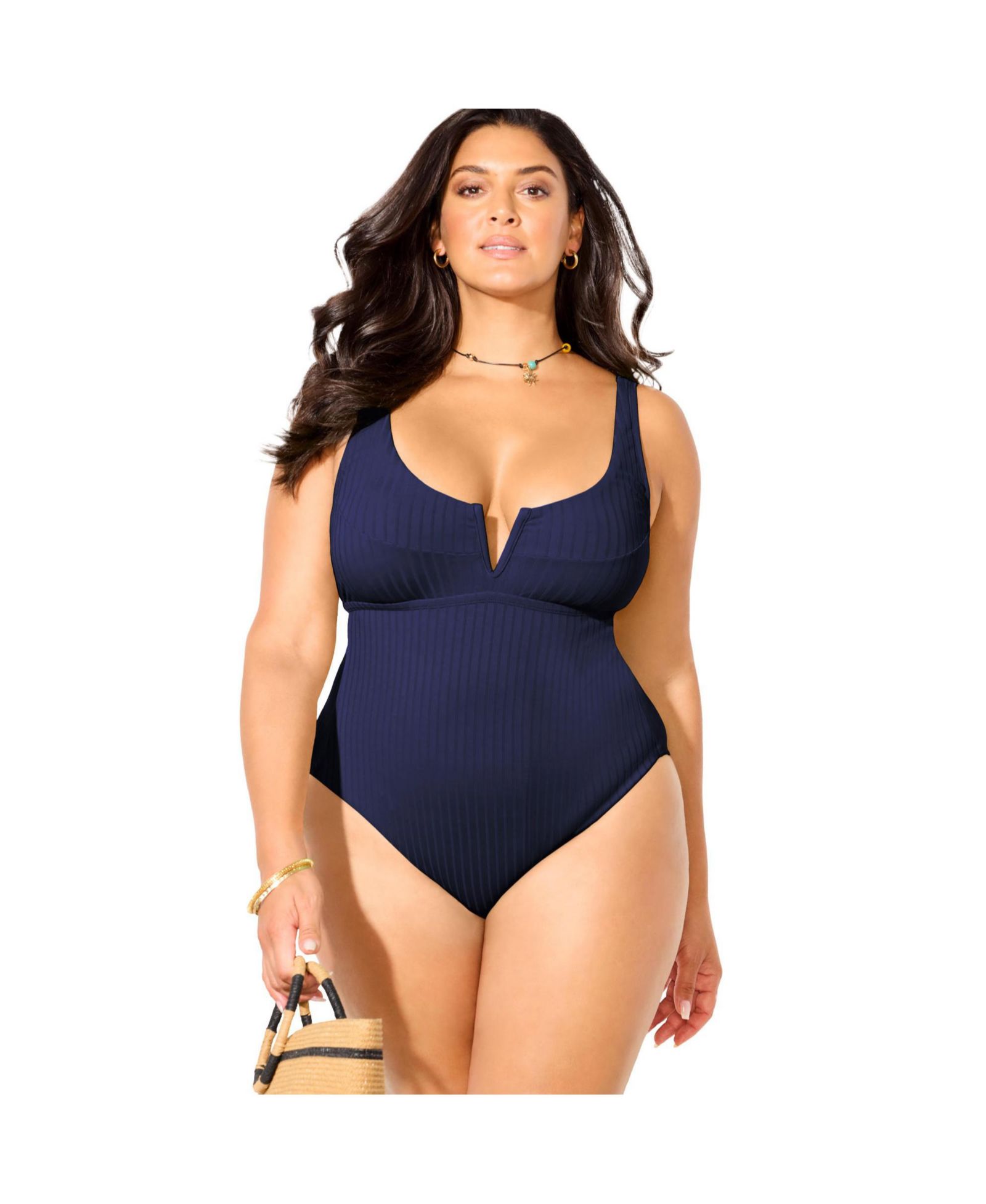 Swimsuits for All Женский слитный купальник в рубчик с V-образным вырезом