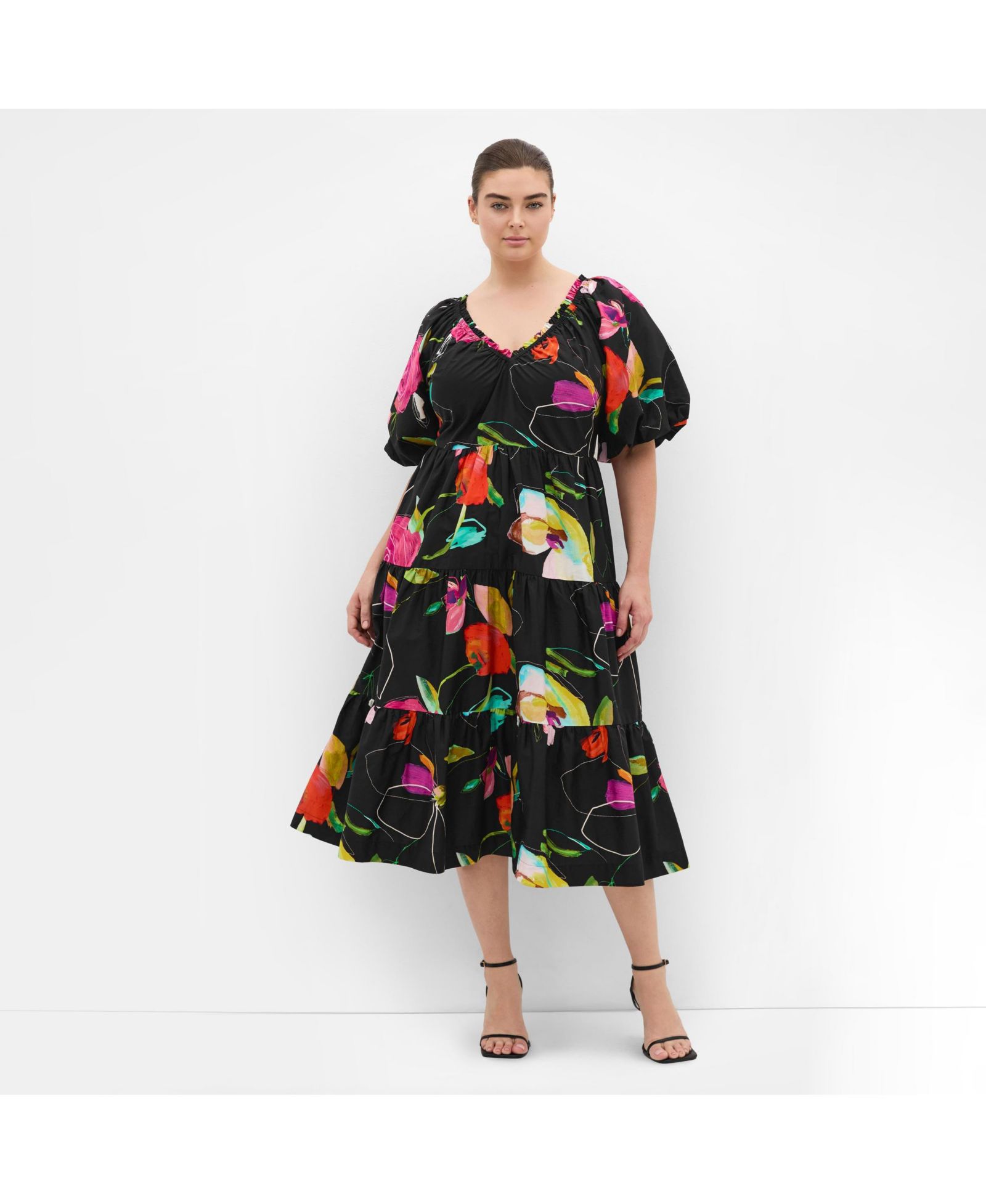 Женское платье Plus Size CITY CHIC Fantasy Print Puff Sleeve Midi