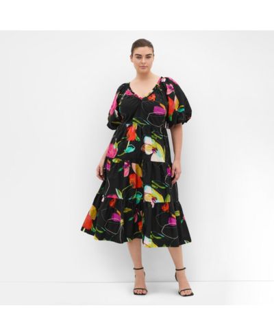 CITY CHIC Women's Plus Size Fantasy Print Puff Sleeve Midi Dress