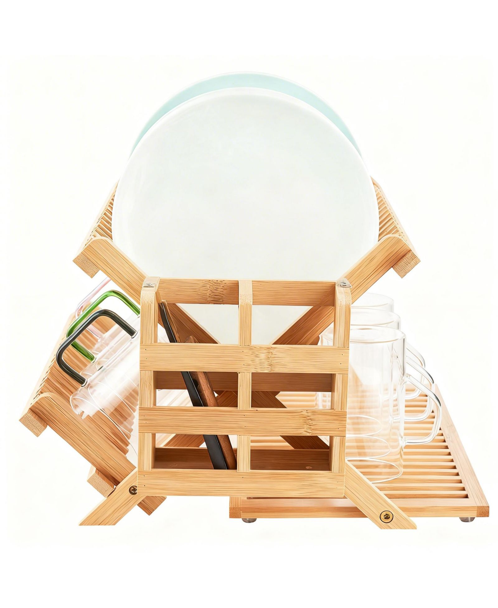 YIGII Bamboo Dish Drying Shelf Collapsible Utensil Holder Kitchen Counter