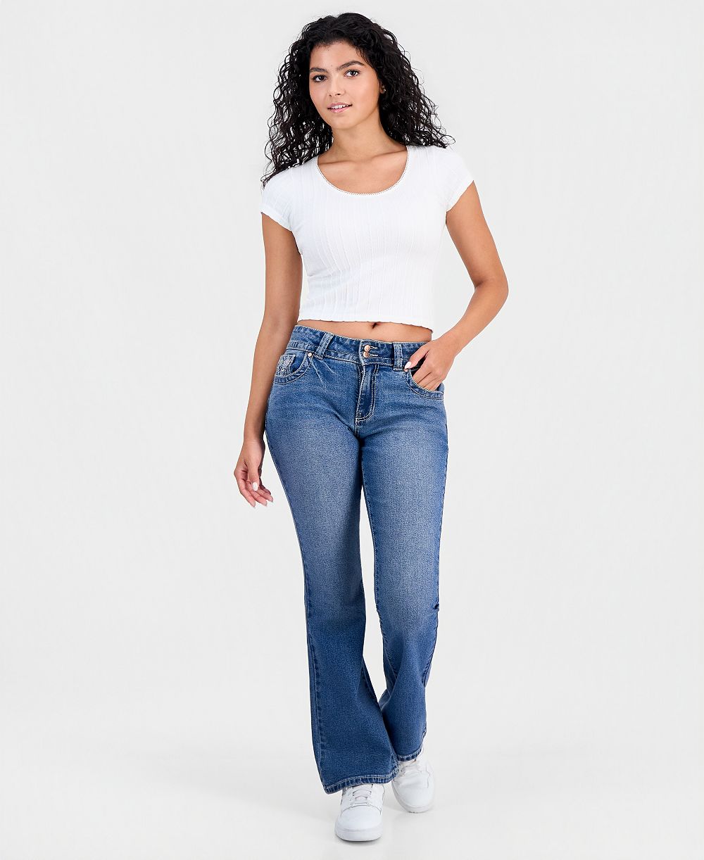 Celebrity Pink Juniors' Embroidered Flap-Pocket Flare-Leg Jeans