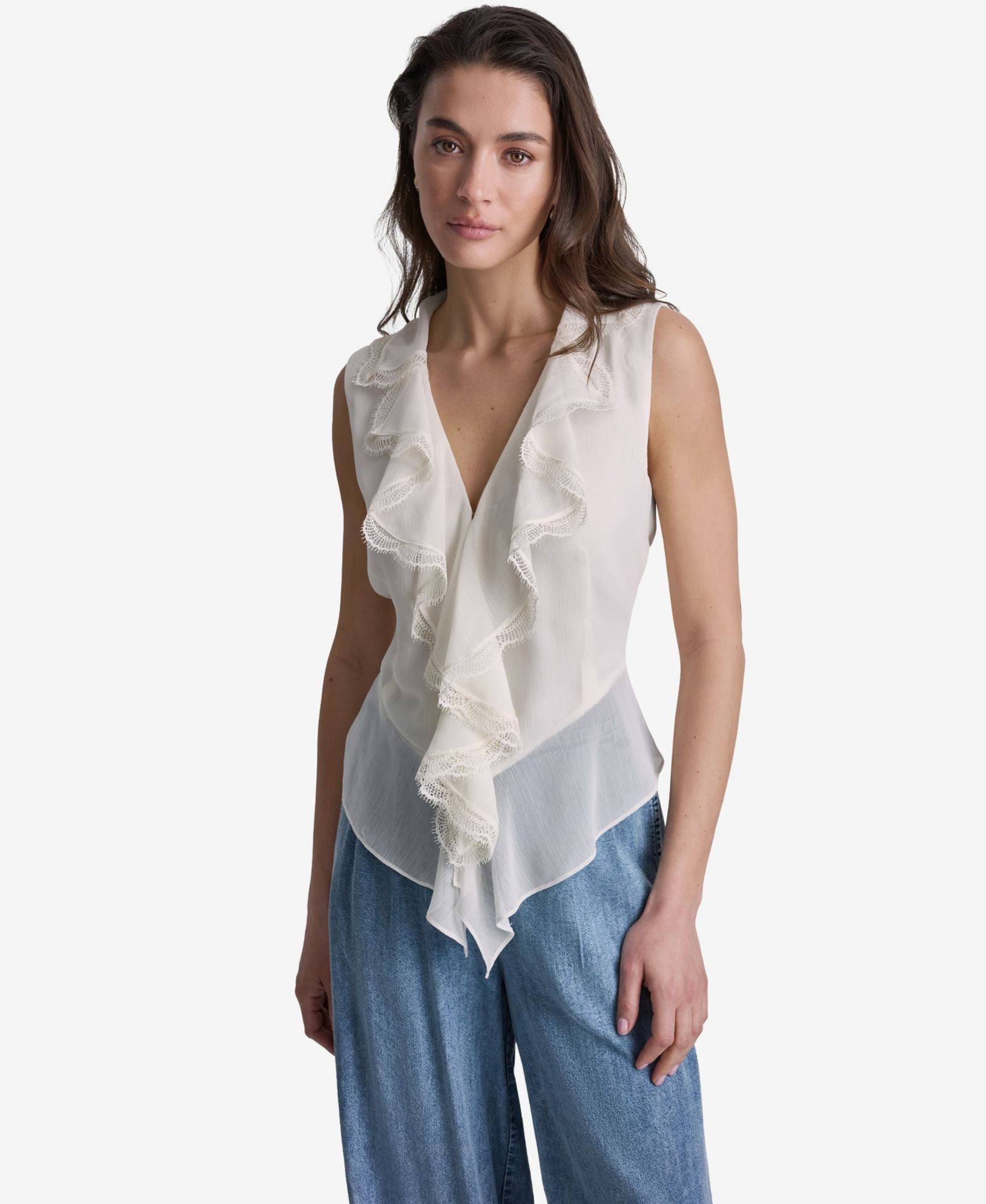 BCBG Women's Ruffled V-Neck Sleeveless Blouse