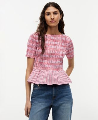 Tommy Hilfiger Женский хлопковый топ с вырезом лодочкой и полосками, smocking