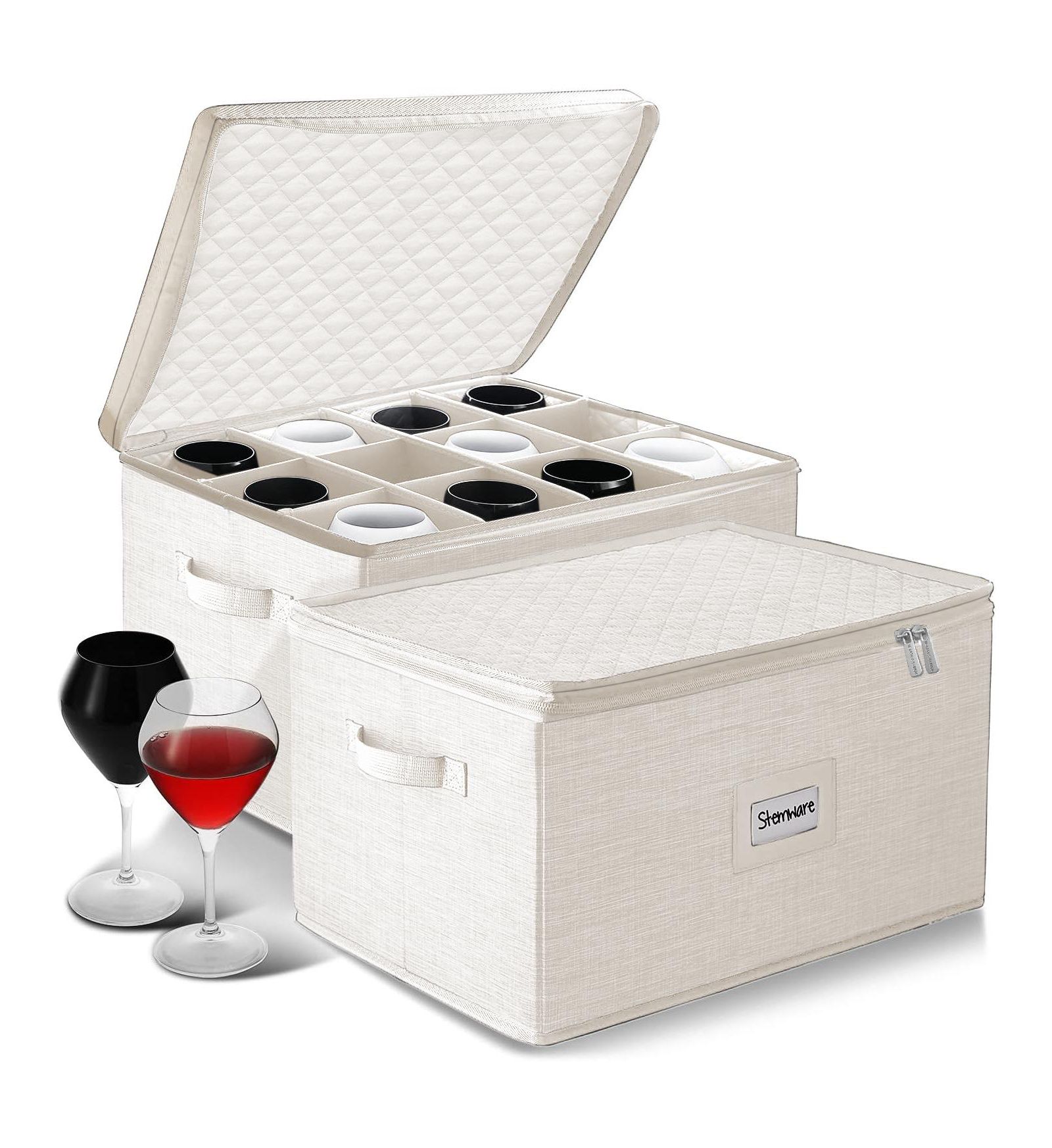 StorageBud 2 Pack Stackable Wine Glass Storage Boxes with Dividers - Stemware Storage for 24 Glasses, Quilted China Storage Containers