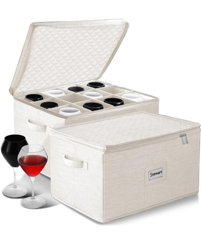 StorageBud 2 Pack Stackable Wine Glass Storage Boxes with Dividers - Stemware Storage for 24 Glasses, Quilted China Storage Containers