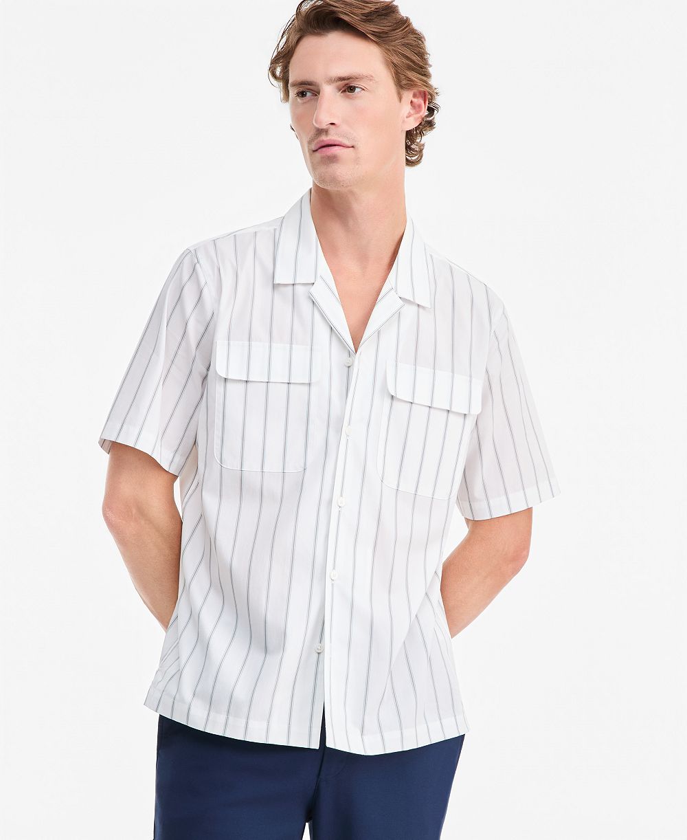 Alfani Мужской Canvas Stripe Short-Sleeve Camp Shirt
