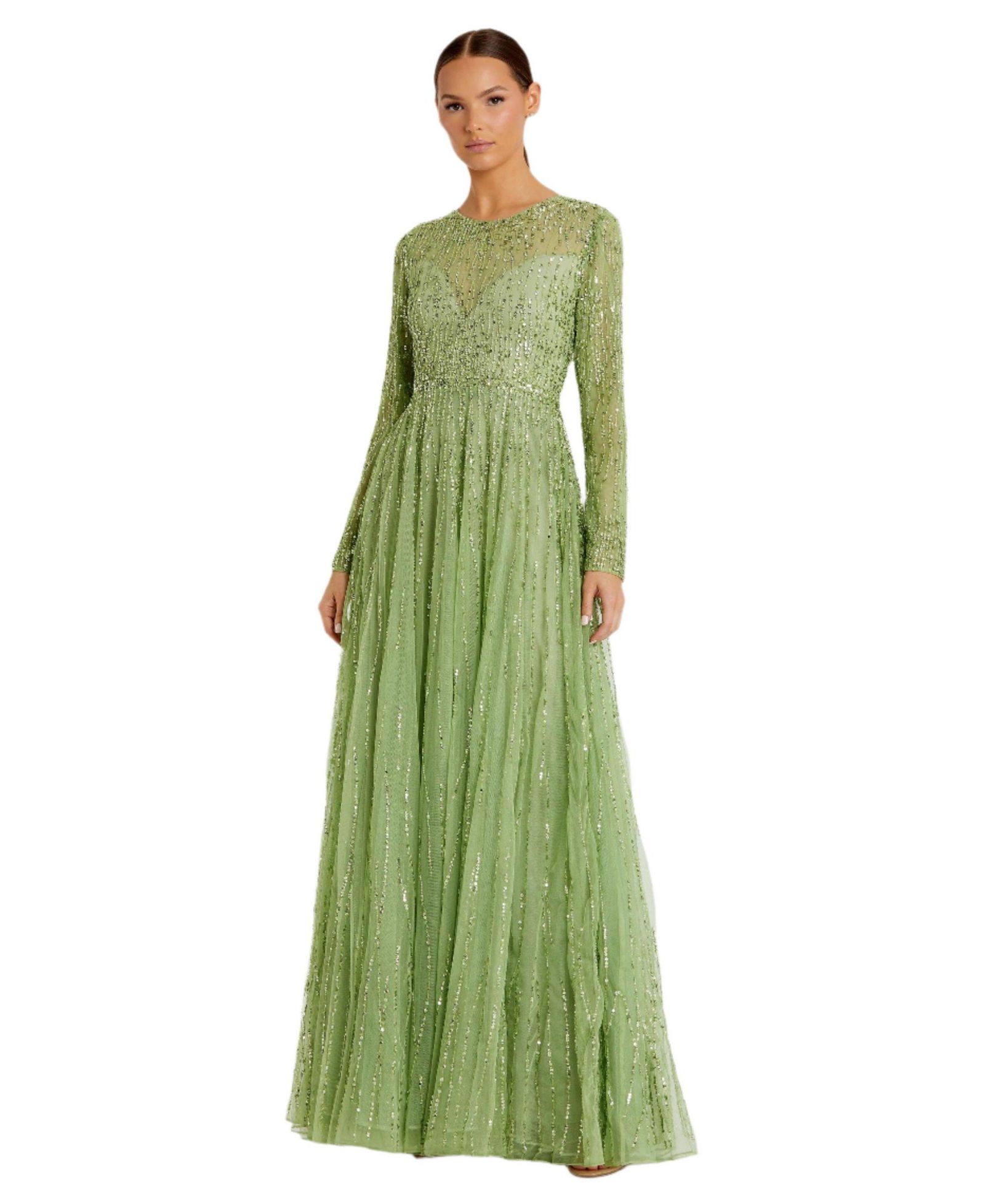 Mac Duggal Women's Sequin Illusion High-Neck Long Sleeve A-Line Gown