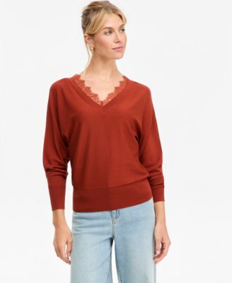 I.N.C. International Concepts Women's Lace Trim Double V Neck Dolman Long-Sleeve Viscose-Blend Sweater, Macy's Exclusive