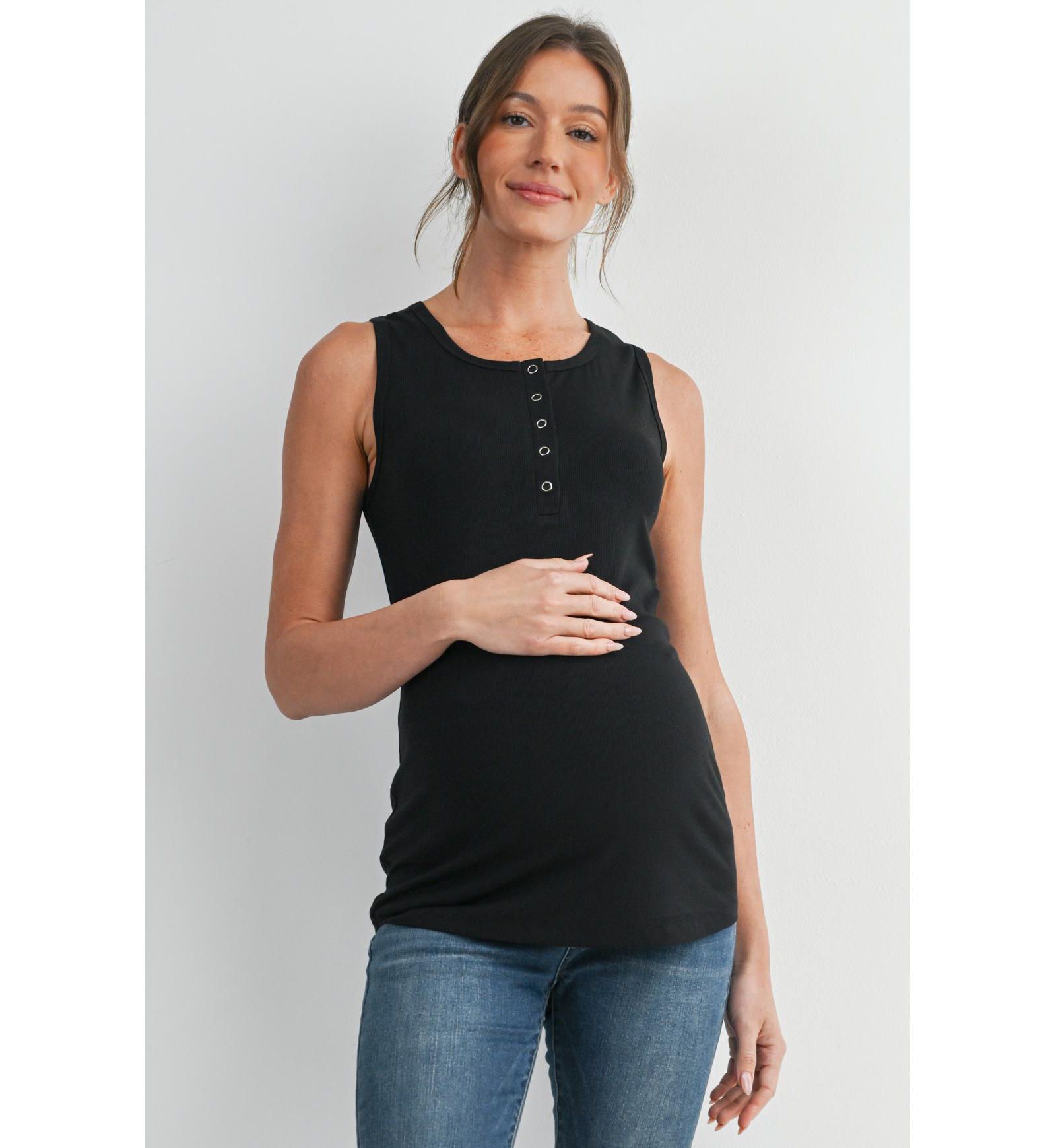 Hello Miz Maternity Ribbed Henley Tank Top Fitted Nursing Friendly