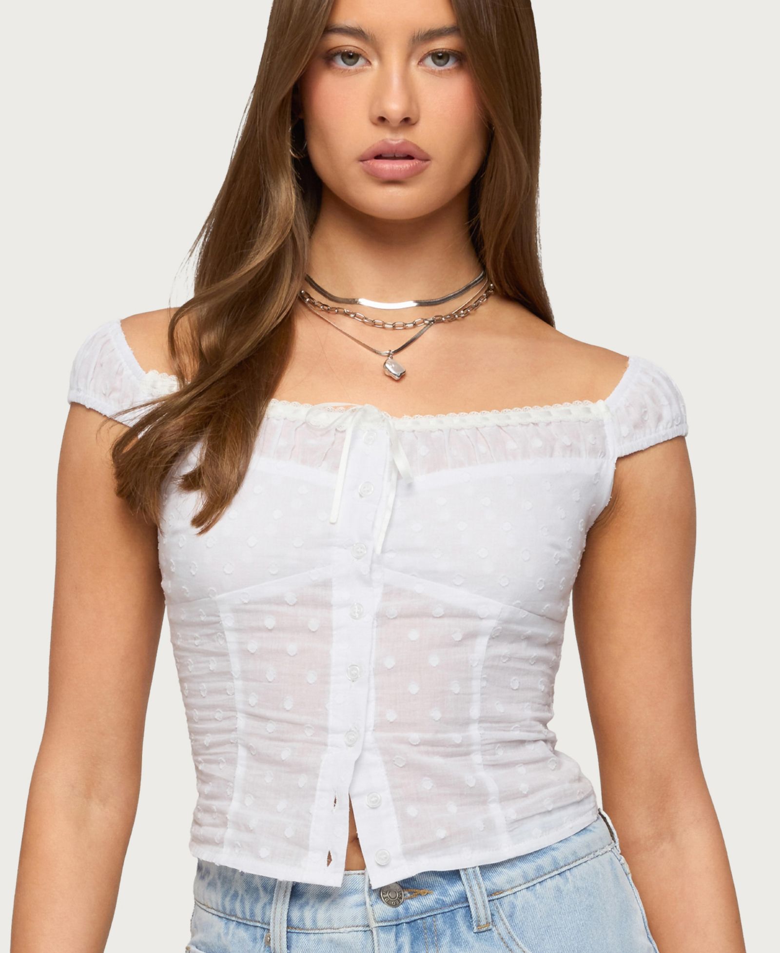 Edikted Women's Laura Off Shoulder Dotted Cotton Top
