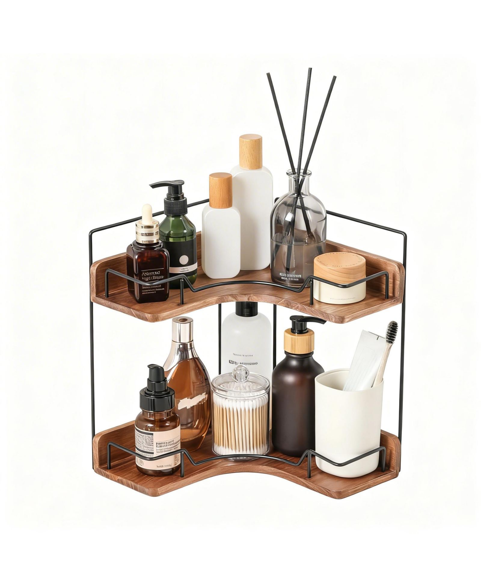 YIGII 2-Tier Wooden Corner Shelf Bathroom Counter Organizer Vanity Makeup Storage