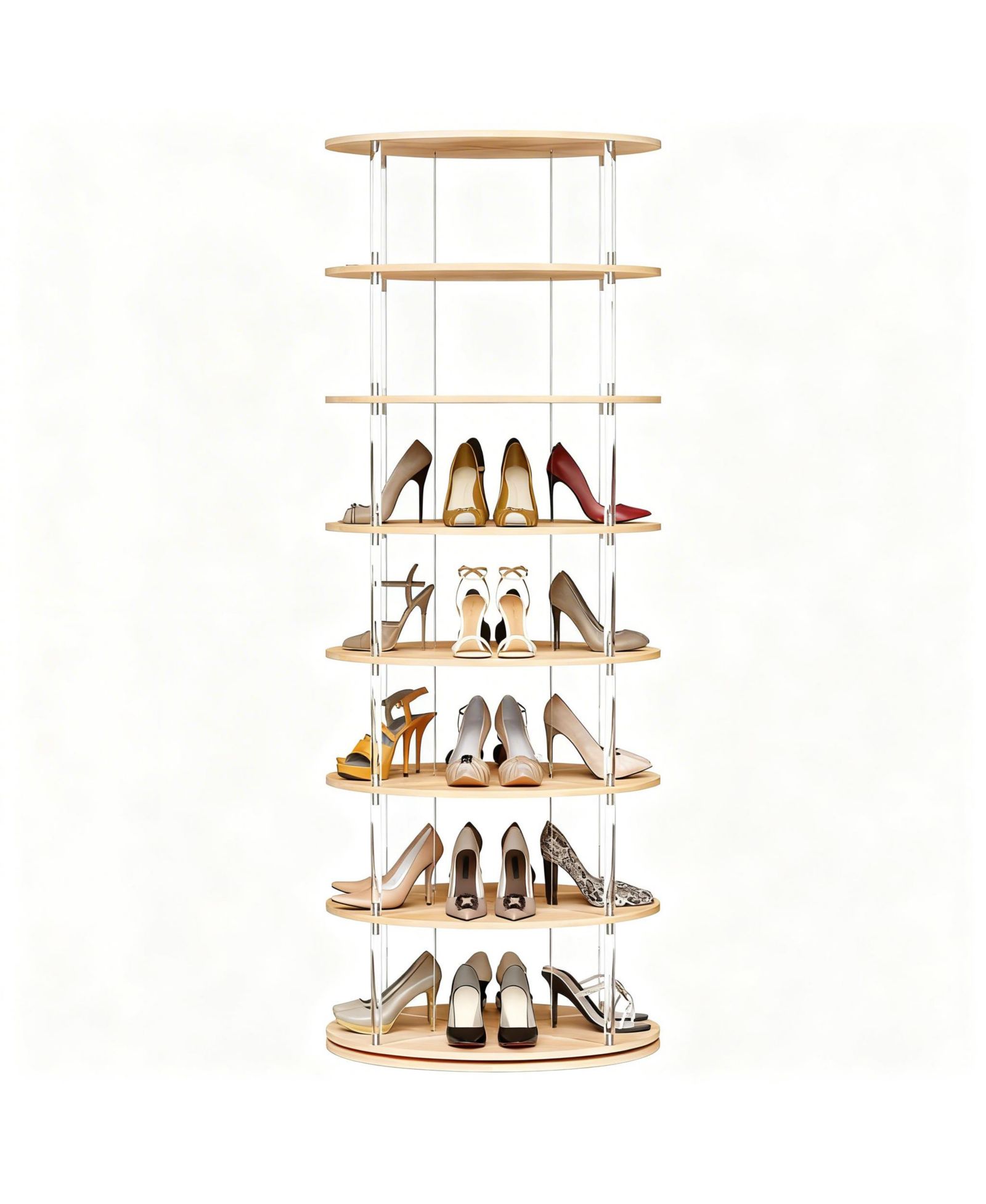 YIGII 7-Tier Rotating Shoe shelf 360 degree Spinning Tower Wood Acrylic Organizer