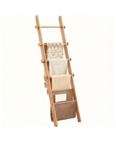 YIGII Blanket Ladder 5-Tier Wooden Shelf Farmhouse Rack Leather Bag