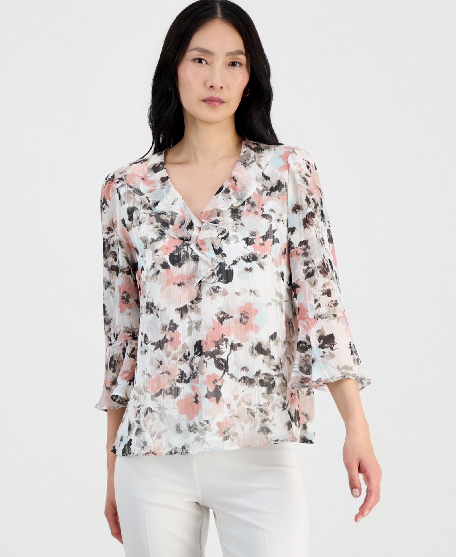 Женская блузка Kasper Ruffle-Front V-Neck