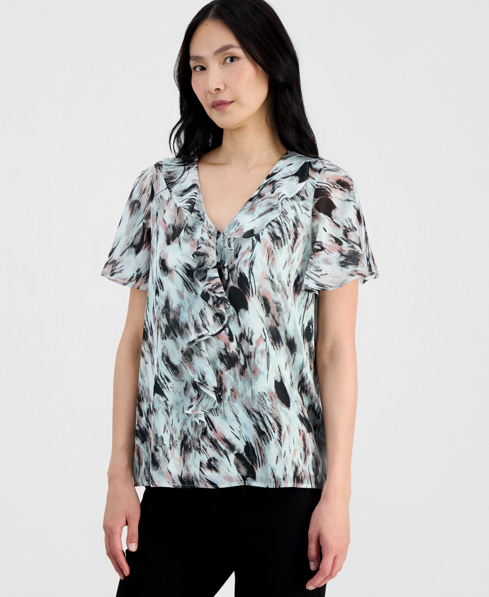 Kasper Women's Ruffle-Front Flutter-Sleeve Blouse