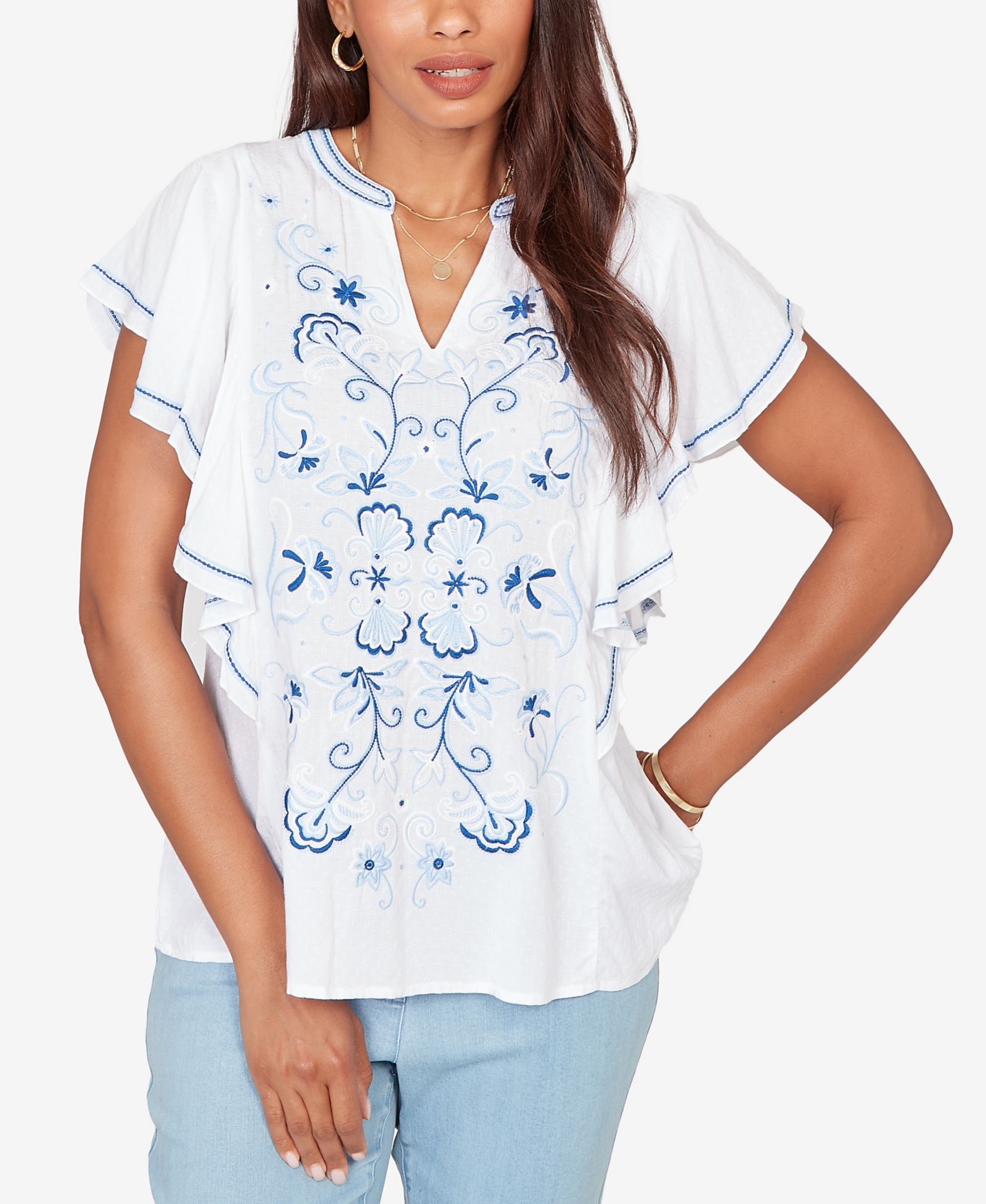 Ruby Rd. Petite Feather-light Embroidered Flutter-Sleeve T-Shirt