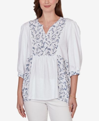 Ruby Rd. Petite Mixed Fabric Sharkbite Knit Top
