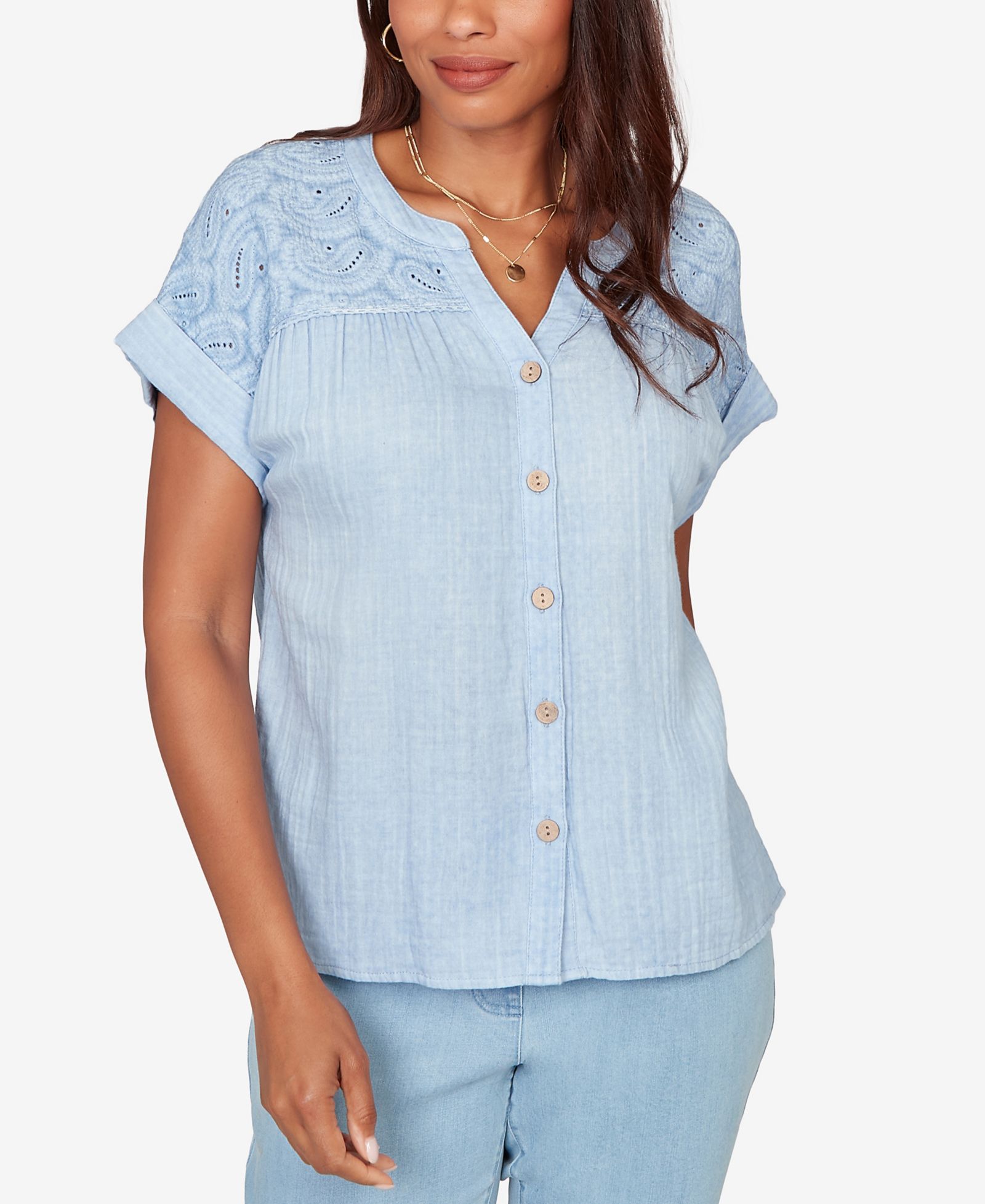 Ruby Rd. Petite Paisley Embroidered Gauze-Button T-Shirt