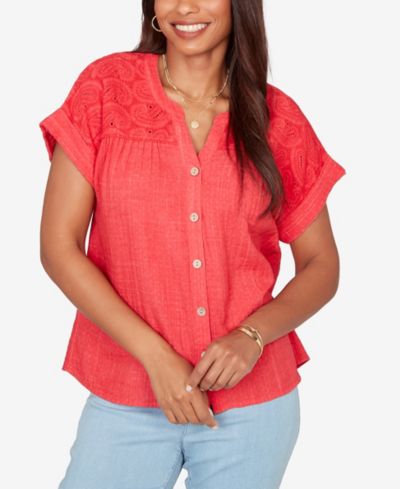 Ruby Rd. Petite Paisley Embroidered Gauze-Button T-Shirt