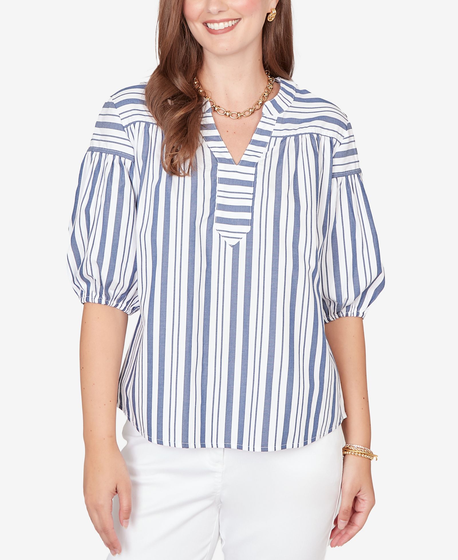 Ruby Rd. Petite Striped Cotton Poplin Elastic-Cuff Top