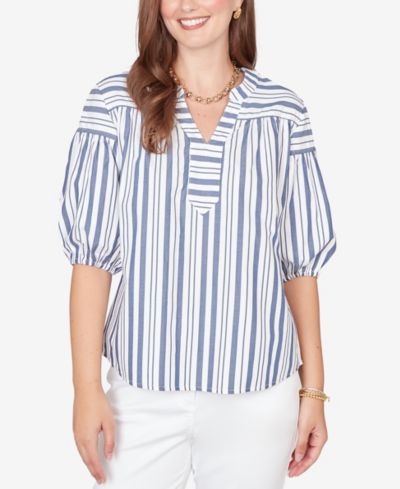 Ruby Rd. Petite Striped Cotton Poplin Elastic-Cuff Top