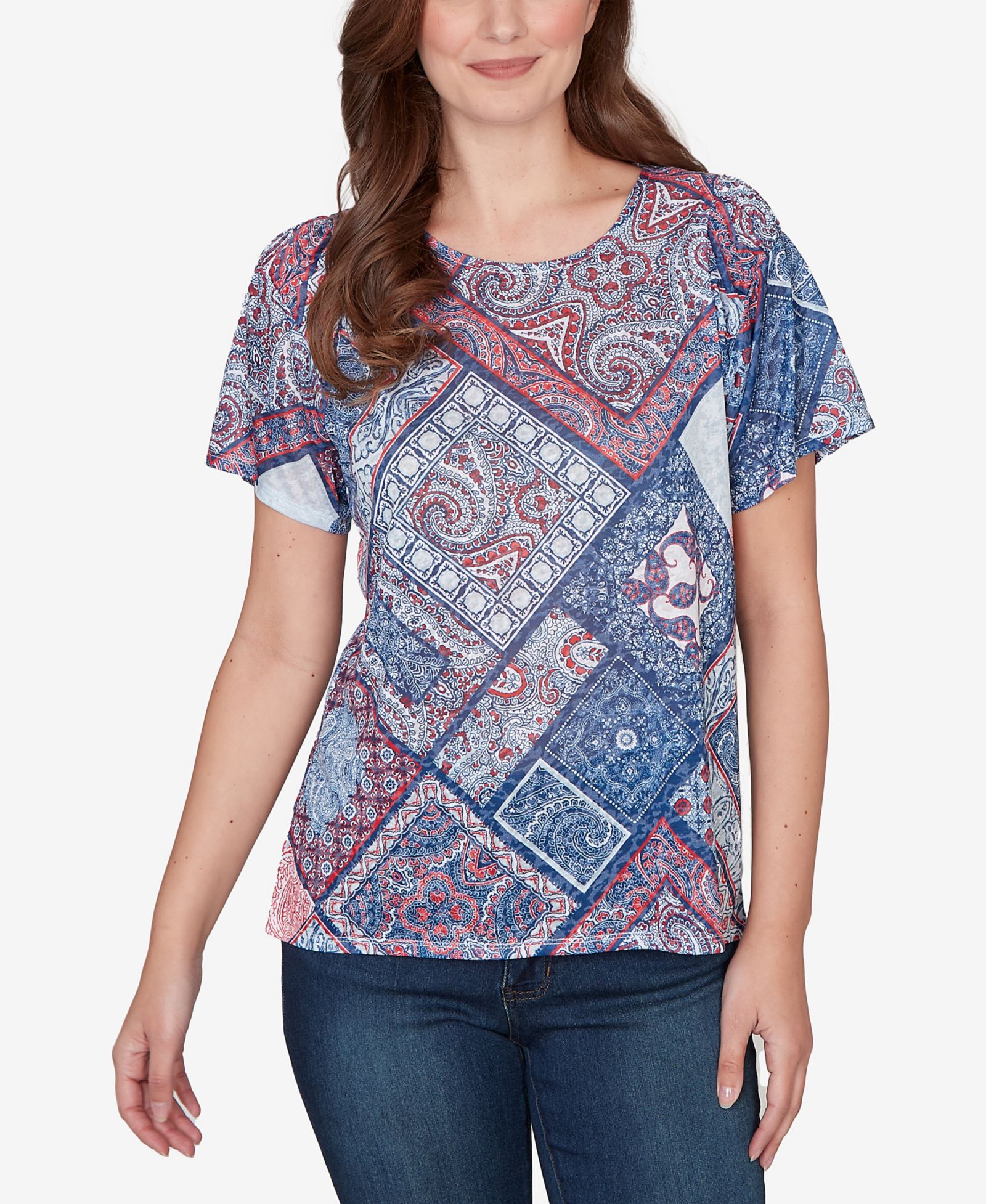 Ruby Rd. Petite Patchwork Shirred Scoop Neck T-Shirt