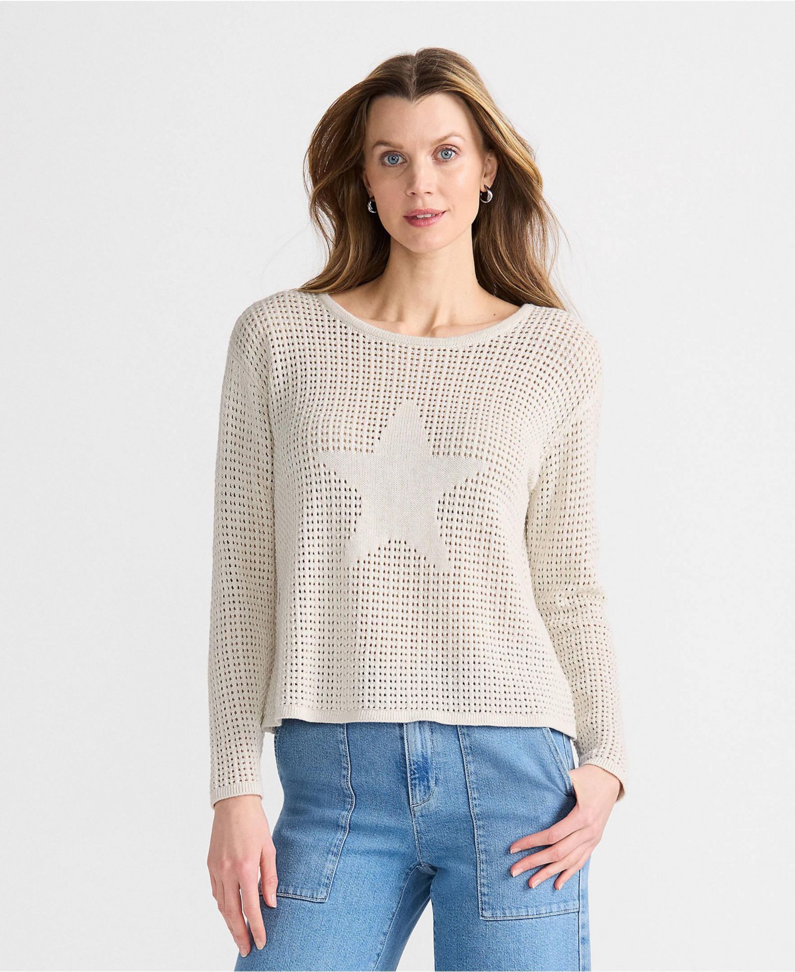 Женский свитер Lands' End Cotton Viscose Mesh Jacquard Crew Neck