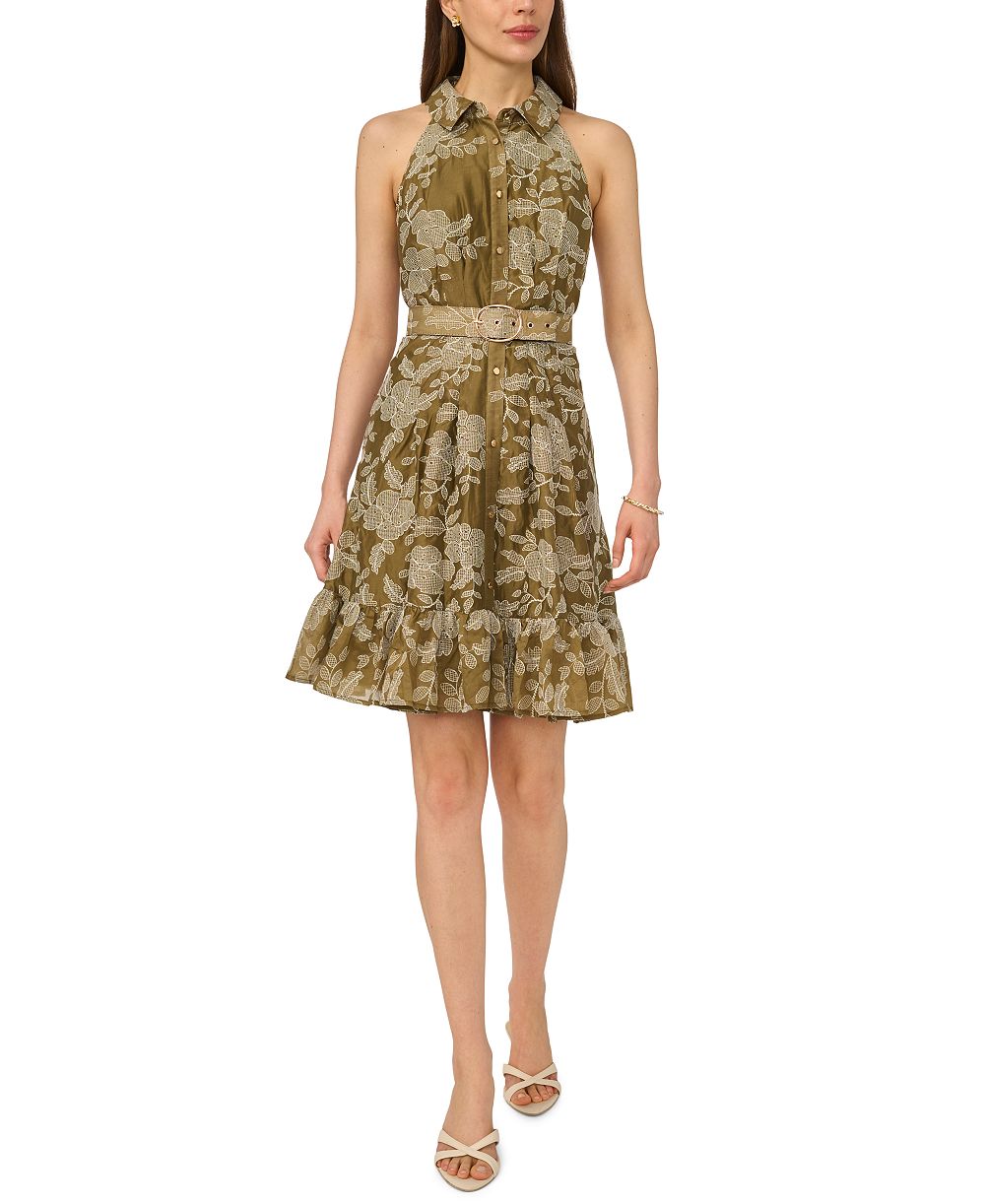 CeCe Women's Belted Sleeveless Collared Dress